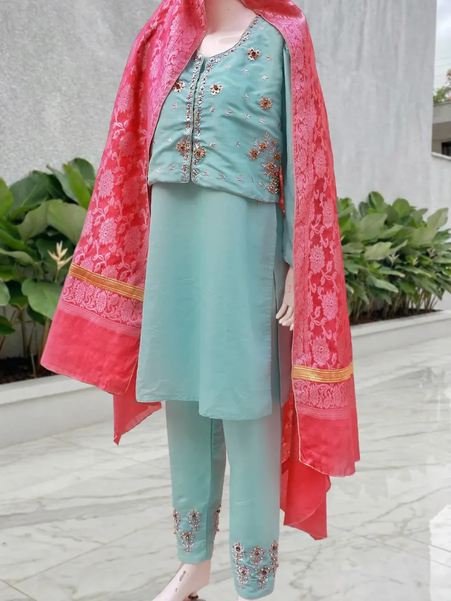 Aaftab Coat Set, raw silk shirt with an embellished sleeveless coat