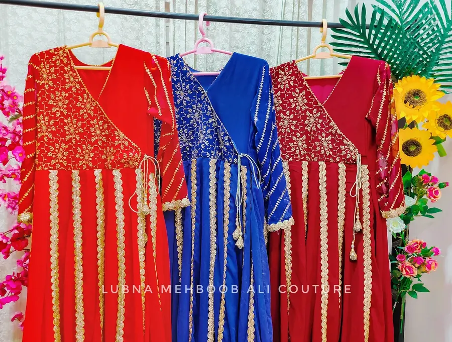 Angrakha Kalidar Peshwas, embroidered chiffon peshwas with a lace-edged dupatta