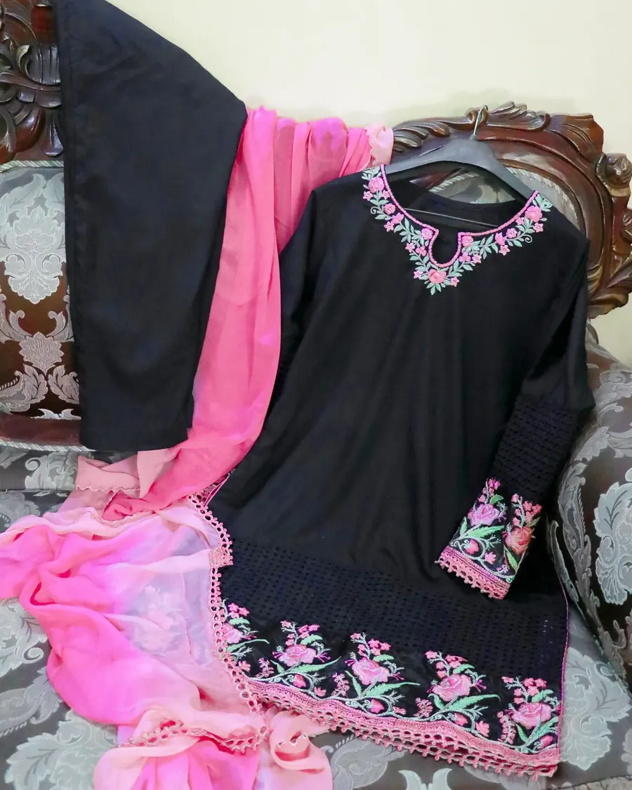 Black Cutwork Three-Piece, embroidered shirt with a tie-and-dye dupatta