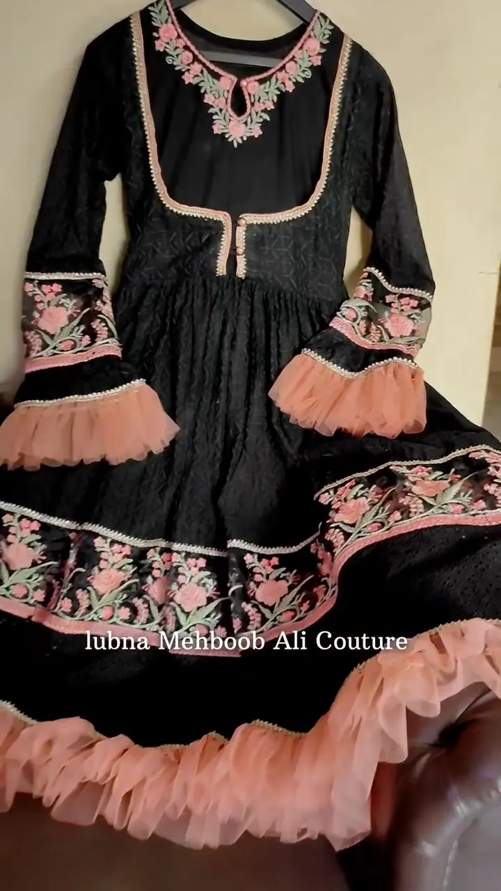 Black Frock with Blush Frill, embroidered frock with a soft blush frill
