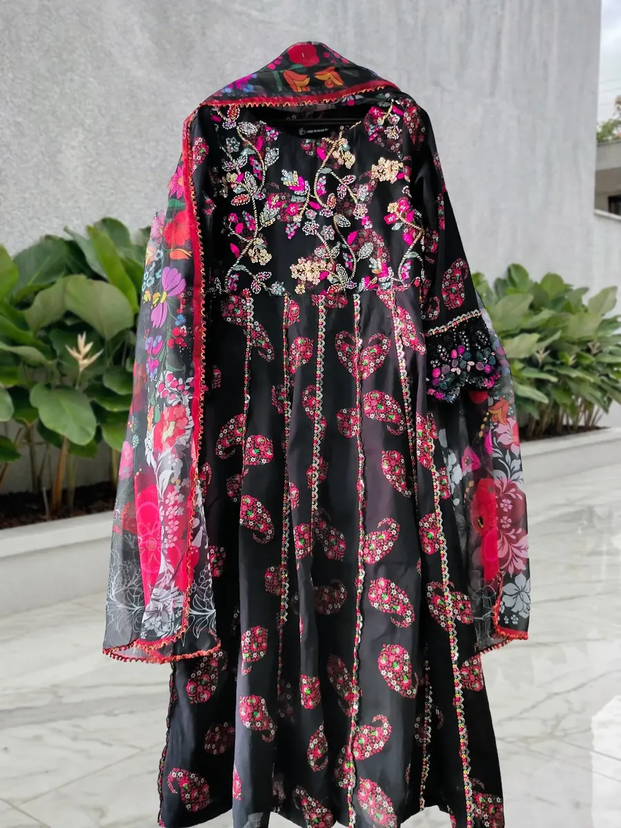 Black Lawn Frock with Pearls, pearl-embroidered lawn frock and floral chiffon dupatta