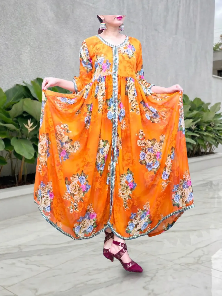 Cosmos, orange floral chiffon frock with gold bail