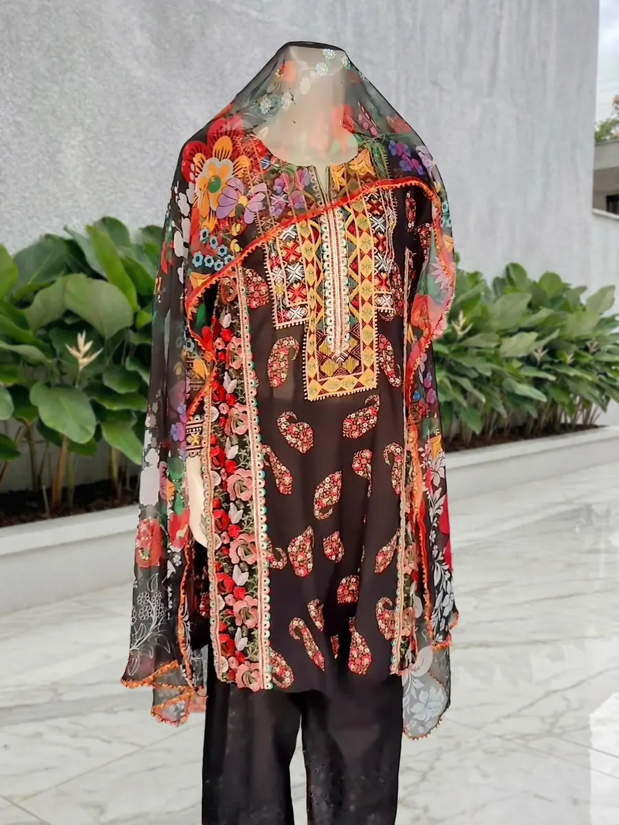 Embroidered Lawn Three-Piece, lawn shirt with chikankari trousers