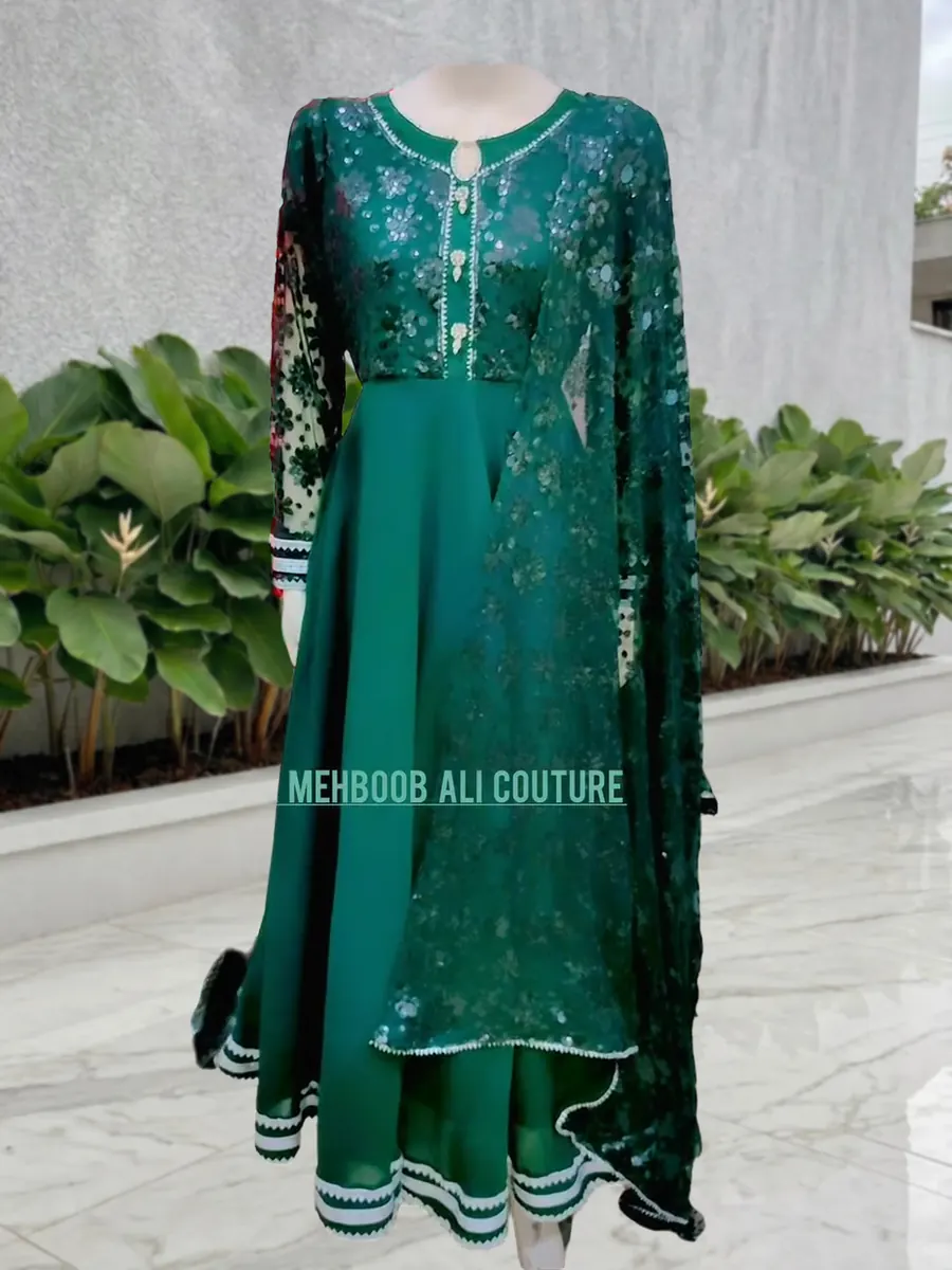 Emerald Anarkali, chiffon anarkali with an embroidered net dupatta