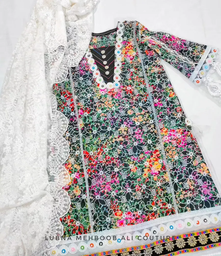 Floral Chikankari Two-Piece, printed chikankari shirt with a soft net dupatta