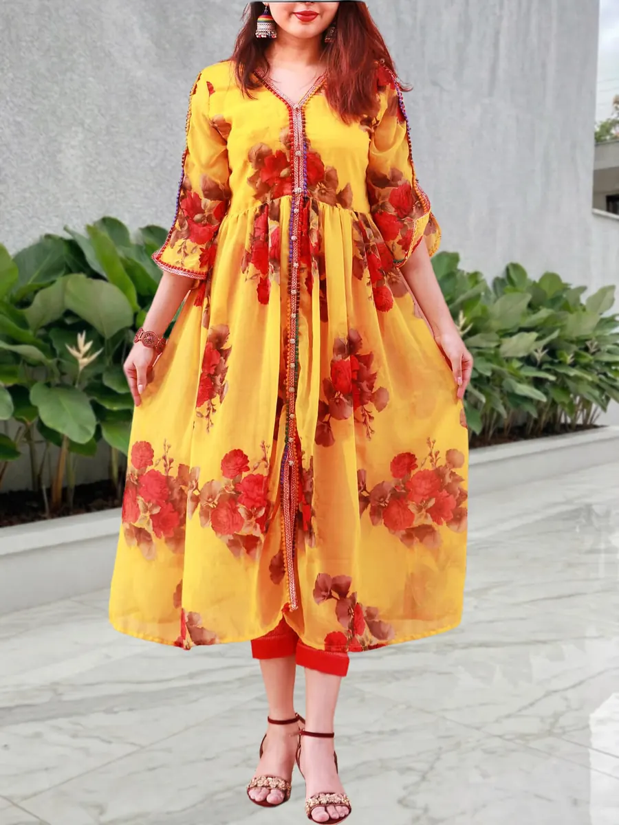 Goldenrod, floral chiffon frock with ball lace