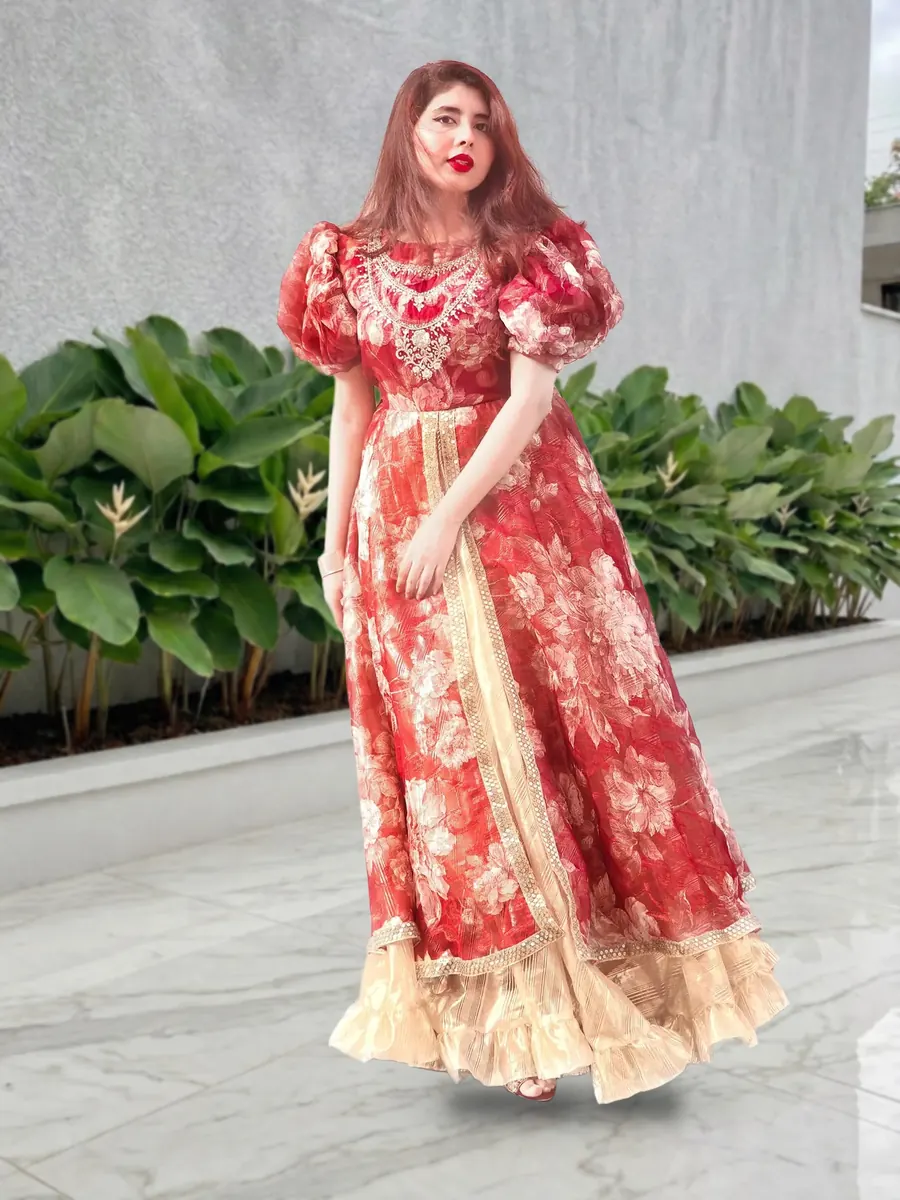 The first Gulaabo, worn in red floral organza