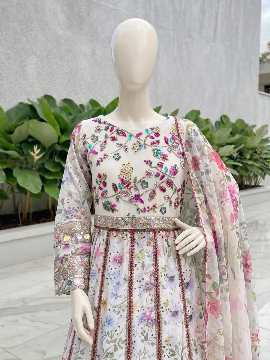 Embroidered flowers on the bodice of the Ivory Chikankari Frock