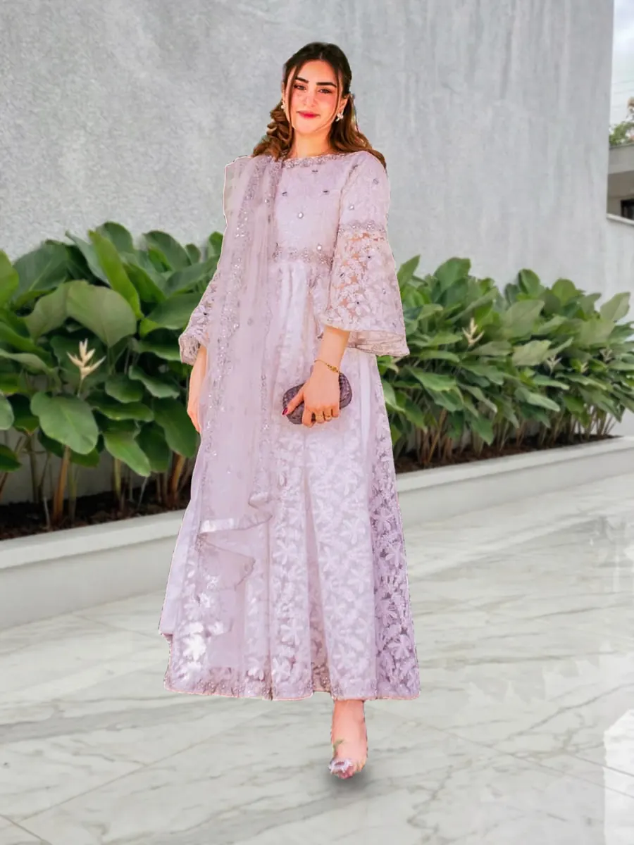 Lilly, white embroidered net peshwas with mirror work