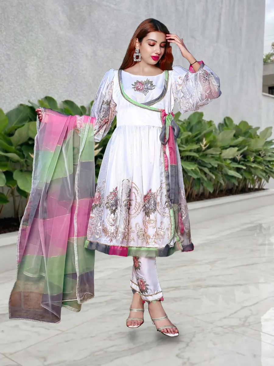 Opale, white net angrakha frock with pastel embroidery