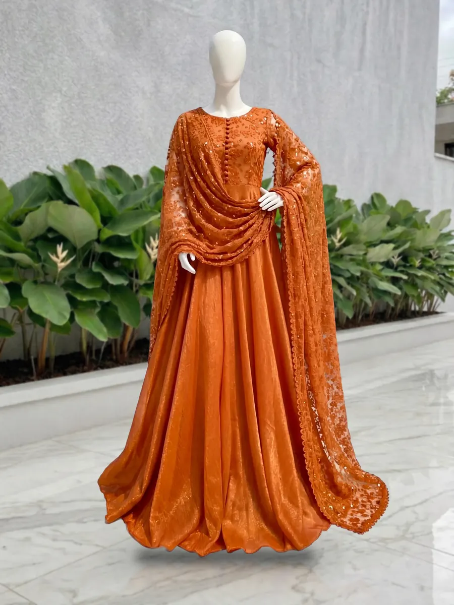 Orange Shimmer Frock, 53-inch frock with an embroidered net bodice