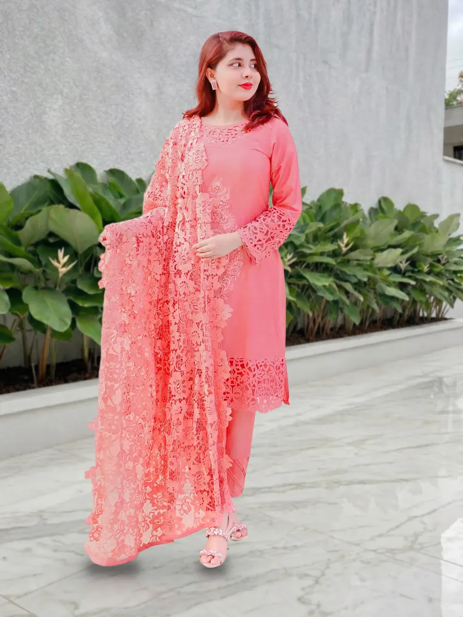 Cutwork Cotton Silk Suit, cutwork shirt, pleated trousers and net dupatta