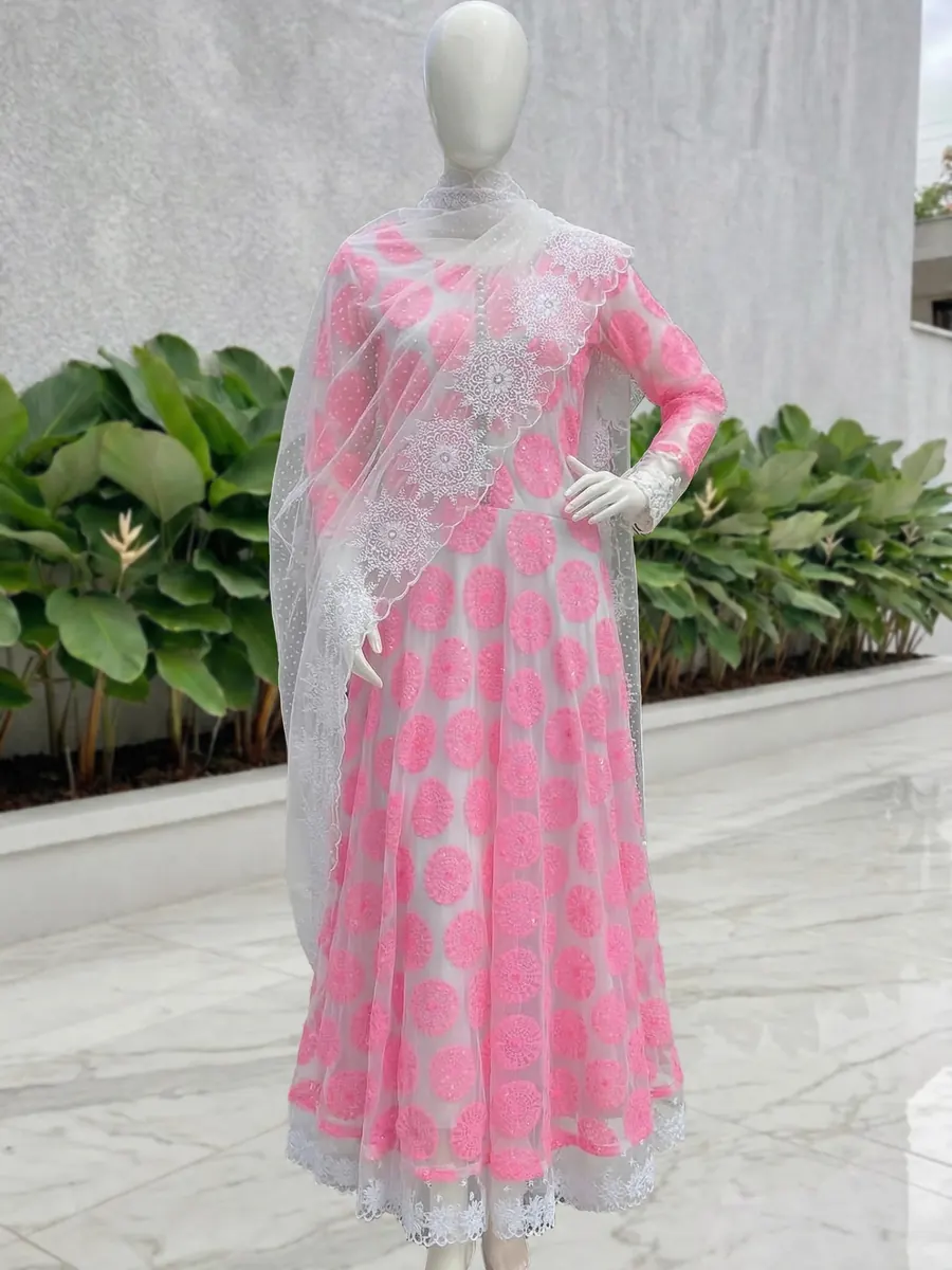 Pink Embroidered Net Frock, buttoned net frock with lace, 50 inches long
