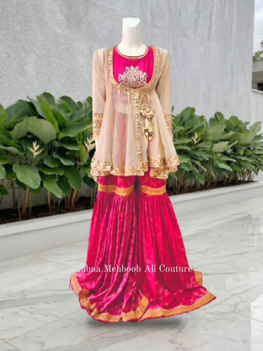 Pink and Gold Wedding Set, embroidered choli, six-yard gharara and angrakha shrug