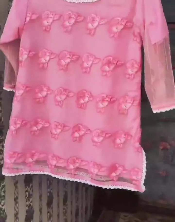 Pink Embroidered Net Shirt, soft pink shirt with lace trims