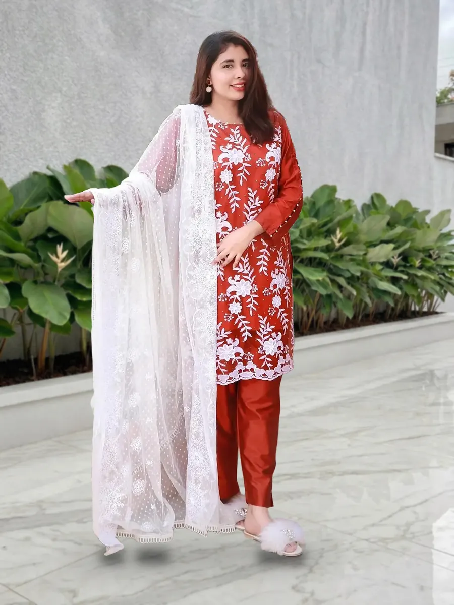 Red Embroidered Cotton Silk Suit, embroidered shirt with a white dupatta