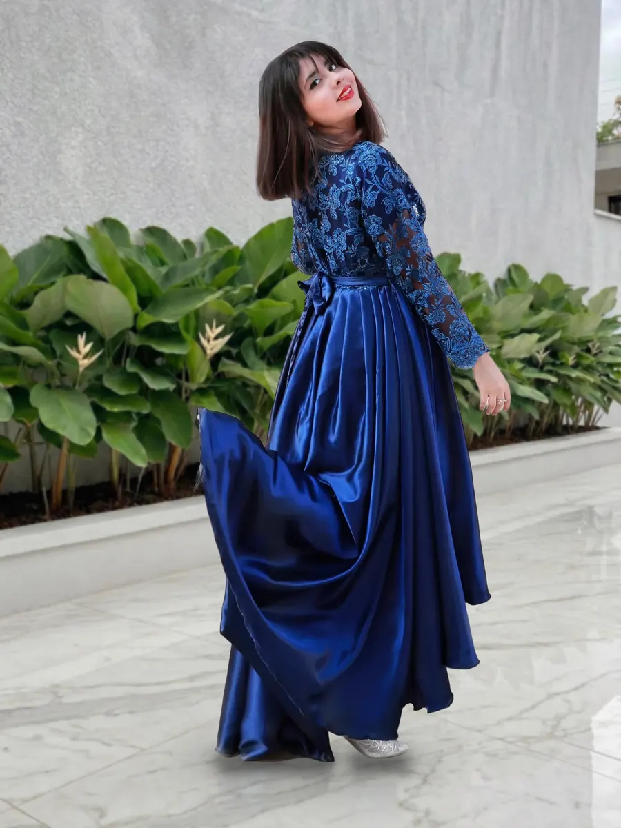Royal Blue Tail Frock, pearl-worked tail frock with trousers