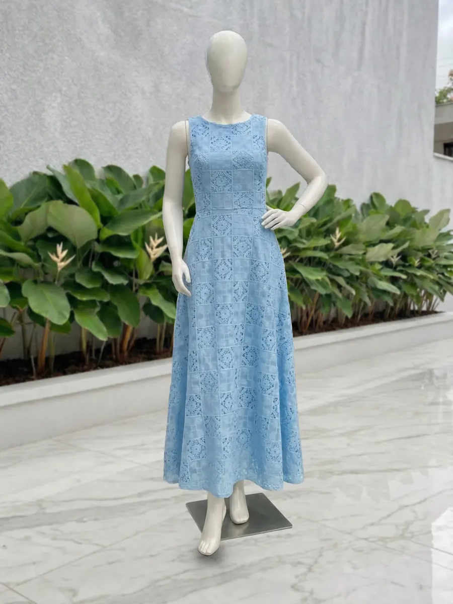 Sky Blue Net Maxi, sleeveless soft net dress