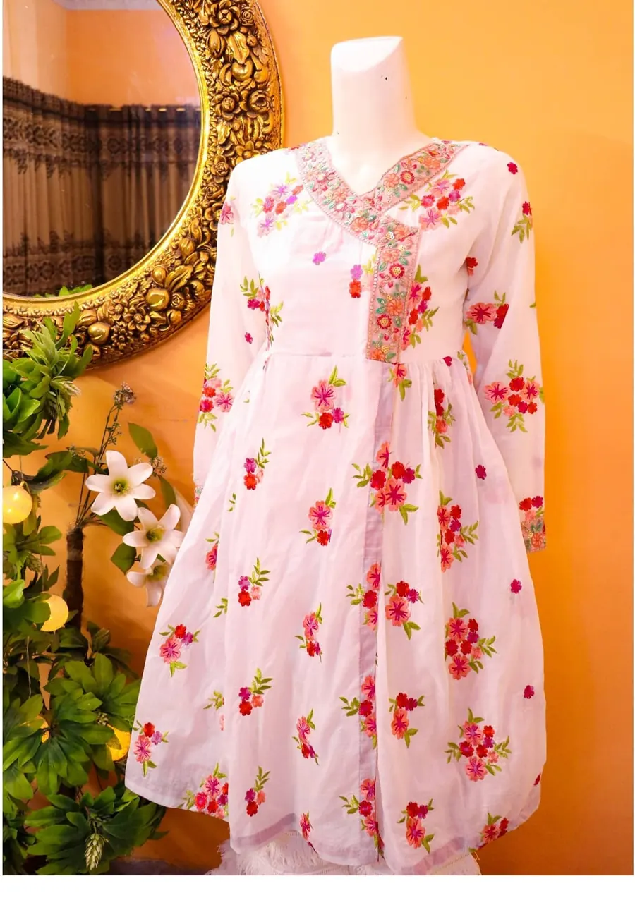 White Booti Angrakha Frock, photo 5 of 8