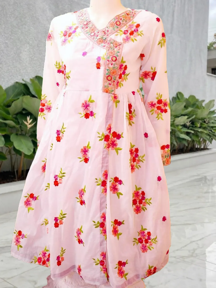 White Booti Angrakha Frock, angrakha frock with multicolour flower bootis