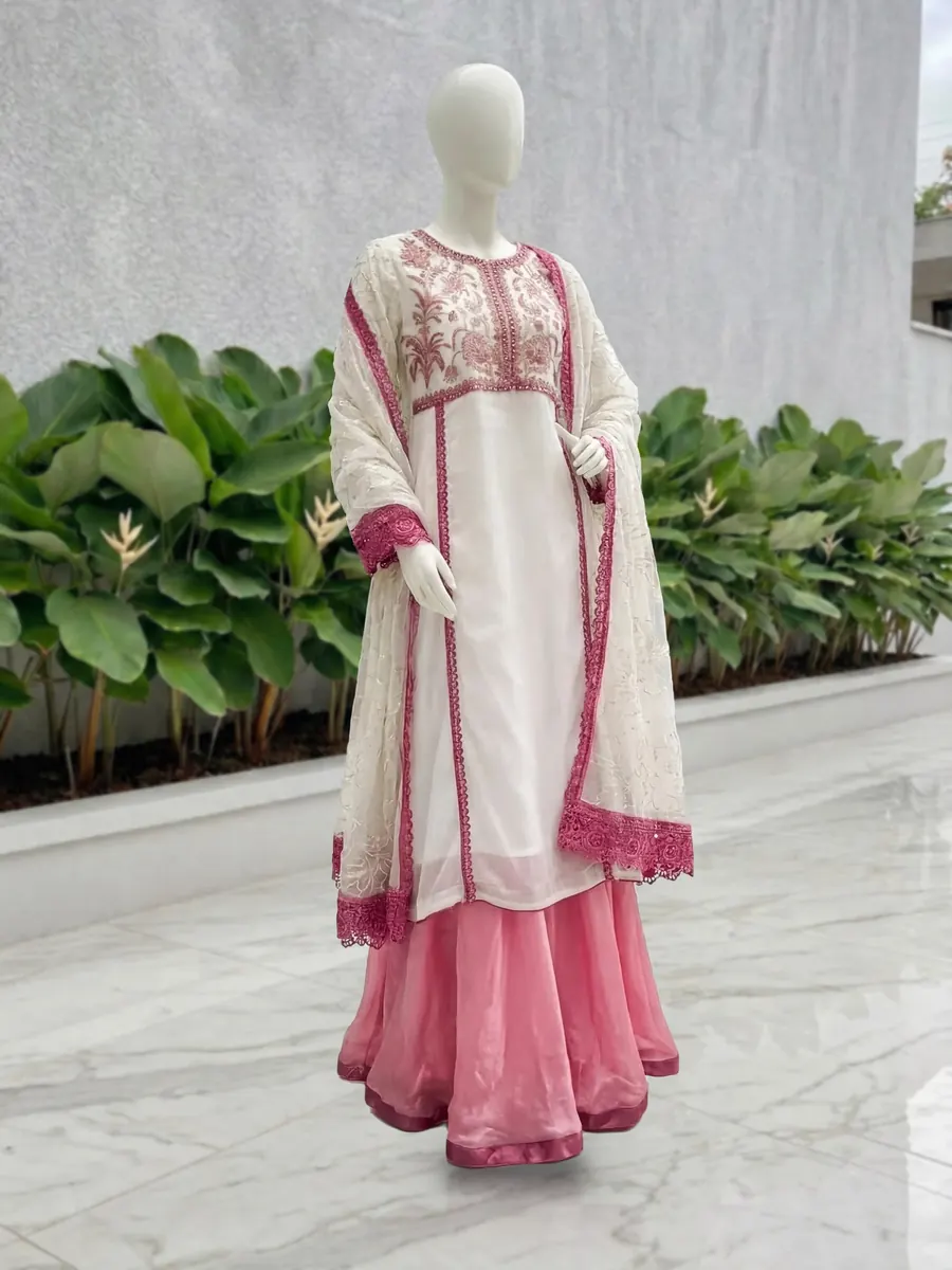 White Embroidered Plazo Set, chiffon shirt, flared plazo and lace-bordered dupatta