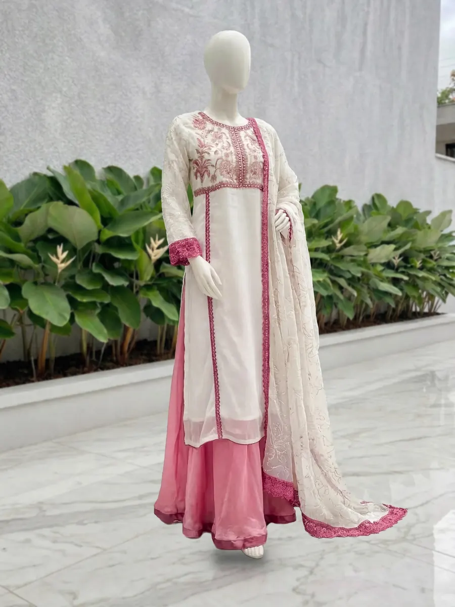 White Embroidered Plazo Set, photo 2 of 8