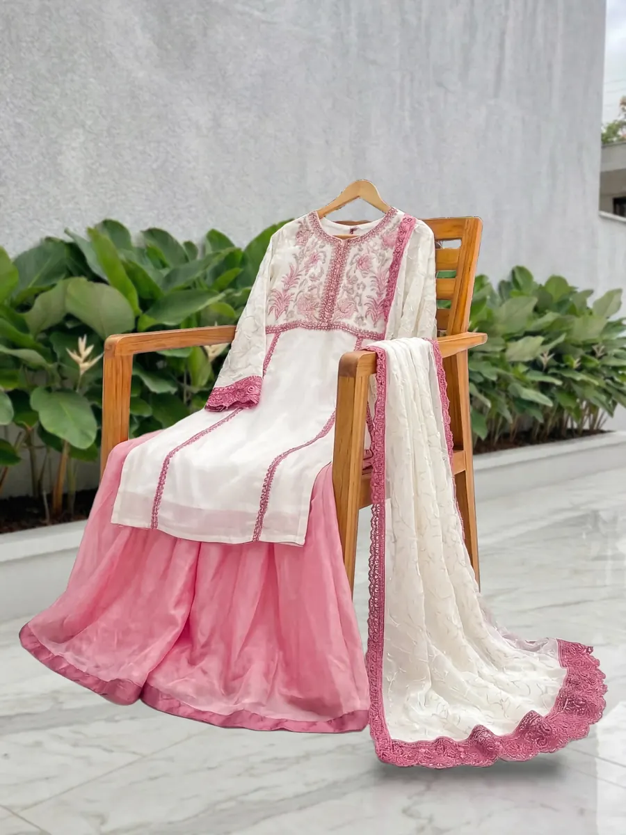 White Embroidered Plazo Set, photo 3 of 8
