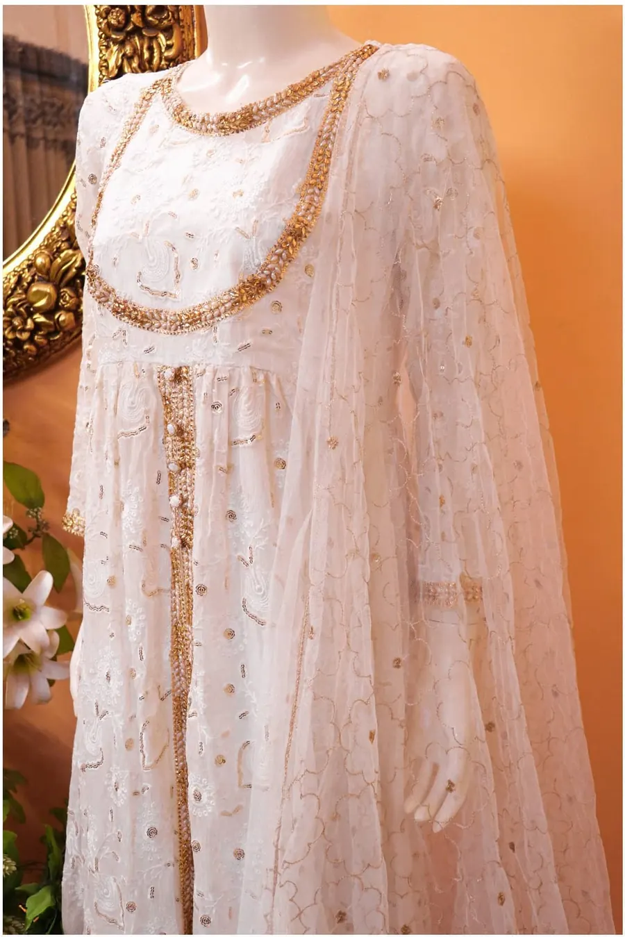 White and Gold Chikankari Peshwas, photo 5 of 8