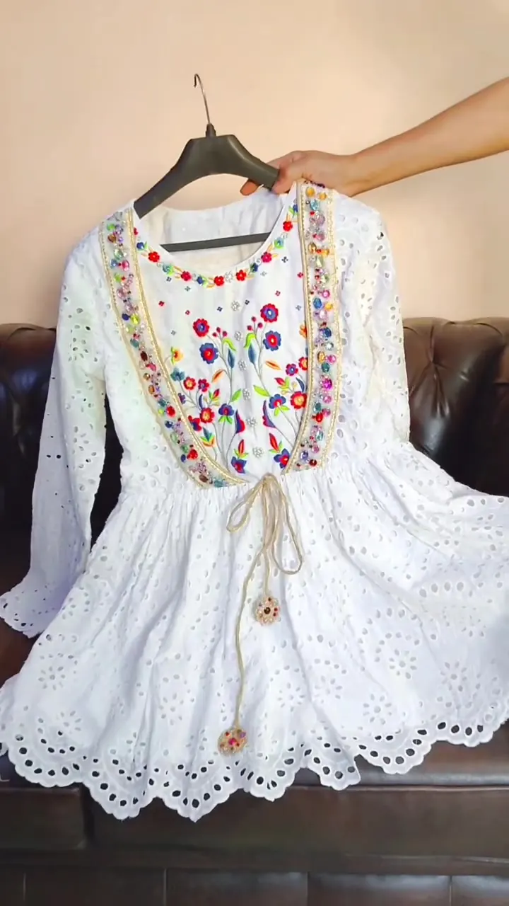 White Lilly Chikankari Frock, short chikankari frock with crystals and pearls