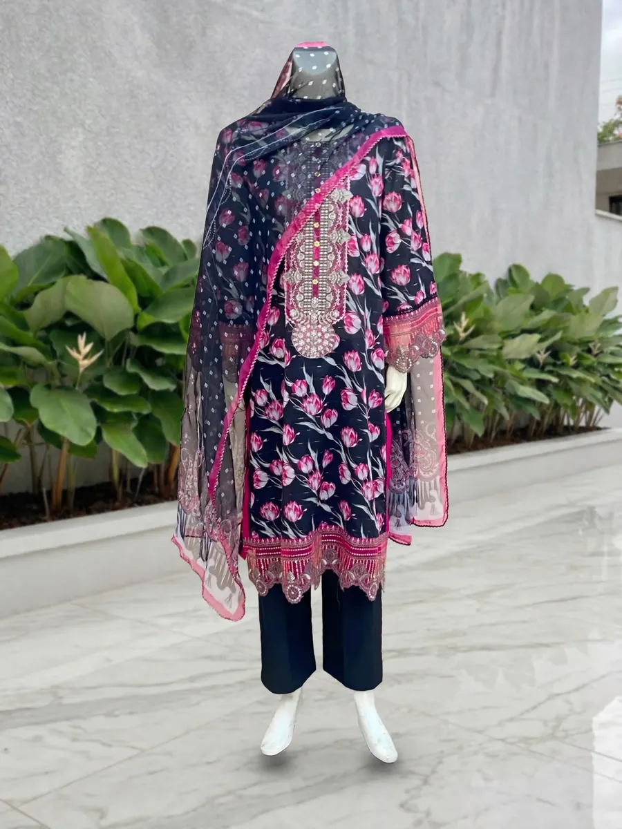 Zari Bahar, black lawn with blooming pink florals